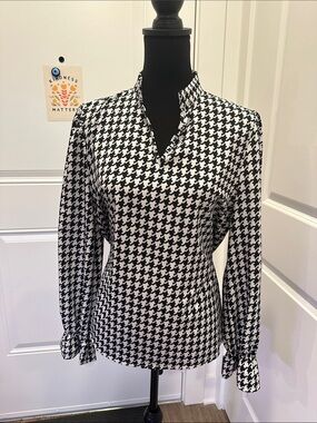 SHEIN Black & White Houndstooth V‑Neck Long Sleeve Blouse